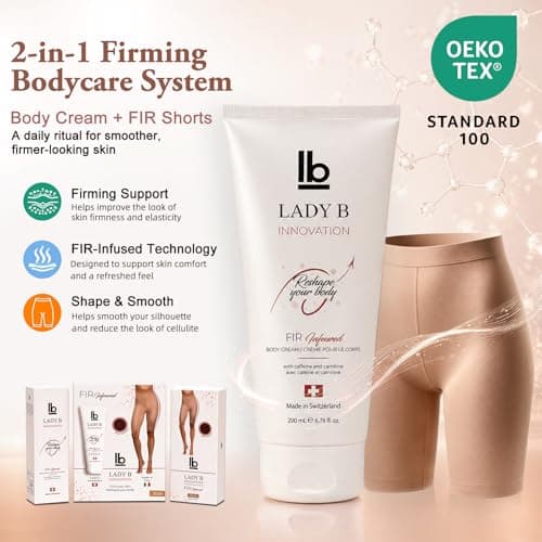 Lady B Firming Body Lotion with Caffeine & Shea Butter – 200mL Swiss-Made Cream + Italian FIR Short Tights – 2-in-1 System for Smoother, Tighter Skin & Cellulite Reduction – Oeko-Tex Certified - Thumbnail 5