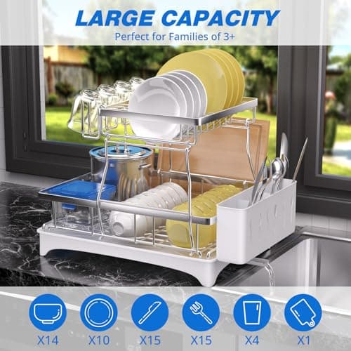 Godboat Dish Drying Rack, 2-Tier Dish Rack with Auto-Drain & Mat, 304 Stainless Steel Dish Racks for Kitchen Counter, Dish Drainer with Knife, Fork & Cup Rack, Gifts for Women, Mothers Day, Silver - Thumbnail 3