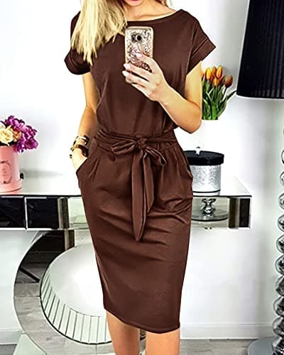 PRETTYGARDEN Women's Summer Short Sleeve Crewneck Striped Dress Basic Solid Tie Waist Office T Shirt Dresses Pockets(Coffee,Large) - Thumbnail 2