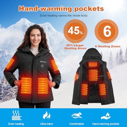 Brimekey Heated Jackets for Women with Fleece Lining, 20000mAh 7.4V Battery Pack Women's Heated Coat, 6 Heating Zones Windproof Waterproof Electric Hoodie Jacket Skiing Hunting - Thumbnail 2