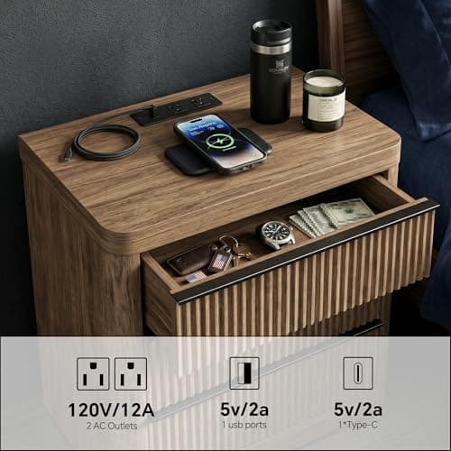 FUSUNBAO Fluted Night Stand with Charging Station,3 Drawers Large End Table with Storage,Natural Nightstand Wood Bedside Tables,Farmhouse Cabinet Dresser for Bedroom,Sofa Table (1, Grey Alder) - Thumbnail 3