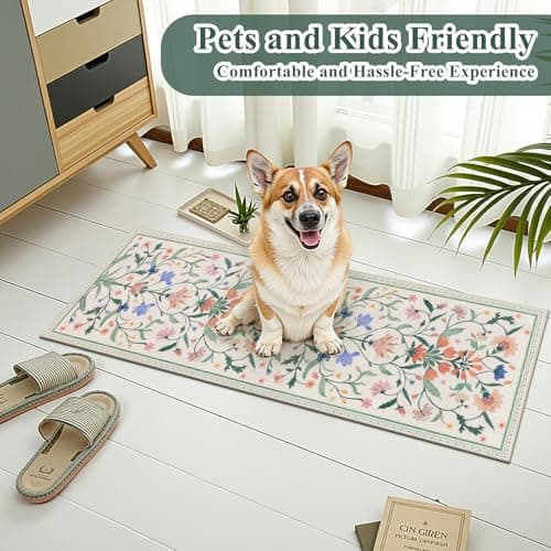 Ileading Kitchen Mat Sets 2 Piece,Plant Florals Rugs for Kitchen Floor,Stain Resistant Standing Mats with Non Slip Rubber Backing,Waterproof Runner Rugs for Laundry,Doormat,Entryway(Beige Florals) - Thumbnail 2