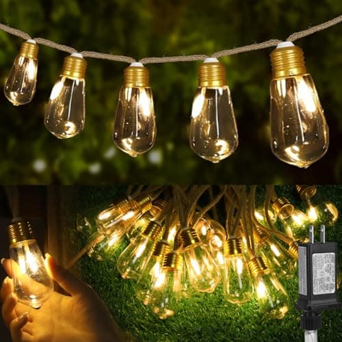 (New) Outdoor String Lights, 24FT 20 LED Hanging Bulbs Lights, IP65 Waterproof 8 Modes Plug-in Shatterproof Patio Globes Lights with Rope Hemp String for Backyard Balcony Camping Bistro - Warmwhite