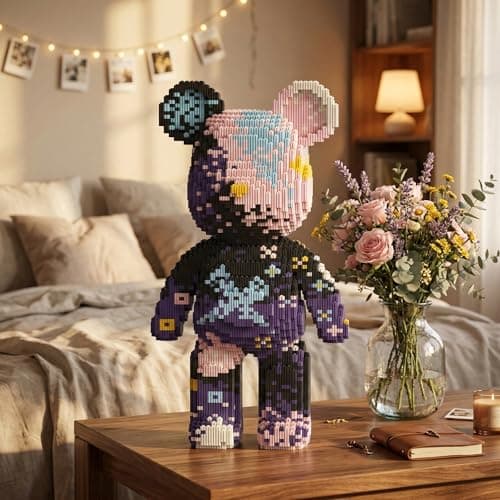 SehrKlug 16.9" Graffiti Purple Teddy Blocks Bear Building Bricks Set for Adults, Collectible Home Decor for Bedroom, Office, or Book Shelf - Relaxing Activity for Men Women - Birthday Gift, Ages 14+ - Thumbnail 2