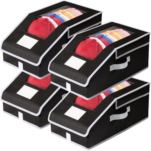 Stowsia Hat Organizer for Baseball Caps, 4 Pack Stackable Hat Storage Boxes with Clear Window, Holds up to 56 Caps, Foldable Hat Organizer for Closet & Shelf, Black