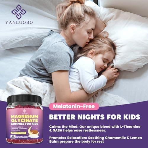 YANLUOBO Kids Magnesium Gummies, Magnesium Glycinate Gummies 400mg/200mg with L-Theanine, Chamomile, Vitamin B6, D3 for Kids, Relaxation & Zzz Support, Nerve Bone - Sugar Free Mixed Berry Flavor 60ct - Thumbnail 6