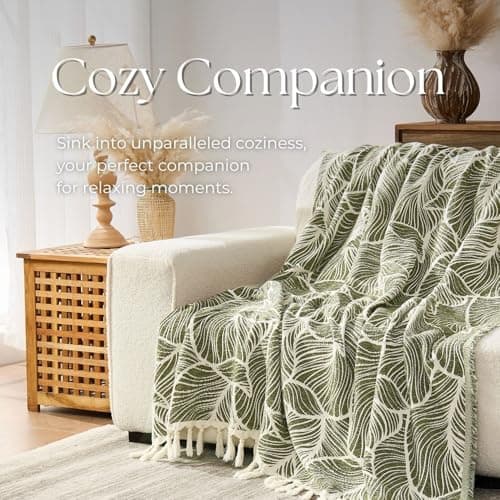 DOWN HOME Chenille Cotton Throw Blanket for Couch, Lightweight Boho Blanket for Bed Sofa Chair Living Room Outdoor Soft Woven Decorative Blanket with Tassel Gift Olive Leaves 55"x60" - Thumbnail 4