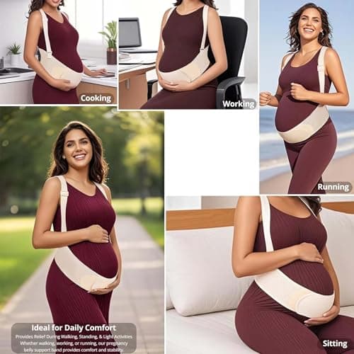 Maternity Belly Band with Back Support – Over-the-Shoulder Pregnancy Support Belt with Lumbar Support, Breathable Mesh Design, Strong Adjustable Hook & Loop Straps, No Digging Comfort for All-Day Wear (Beige, X-Large（187LB+）) - Thumbnail 6