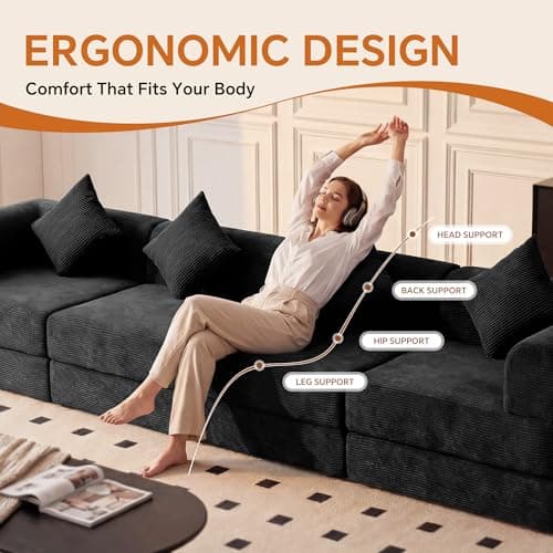 ceamorfco 112 Inch Boneless Couch Modular Sectional Sofa, Corduroy 4-Seat Cloud Couch with High Back Support Pillows, Convertible Floor Sofa Bed for Living Room and Small Spaces, Black - Thumbnail 4