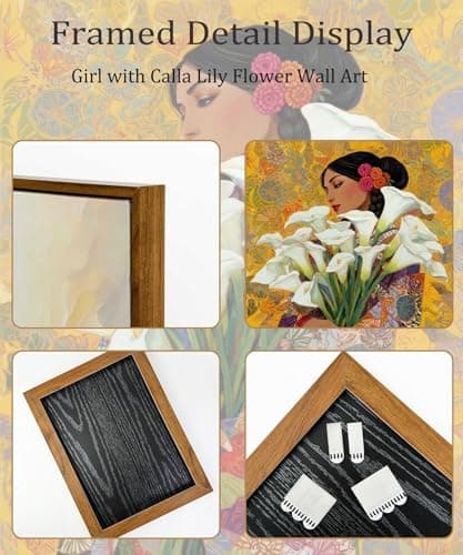Framed Mexican Wall Art, Girl with Calla Lily Flower Wall Decor Picture, Mexican Botanical Floral Poster Print for Living room Bedroom Gallery Home Decoration 12x16in - Thumbnail 2