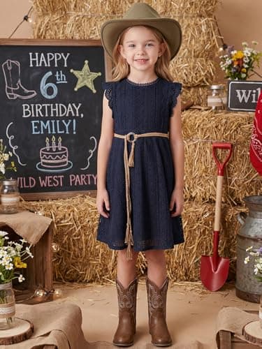 ALLOVIN Toddler and Girls Vintage Boho A-Line Lace Dress with Belt Pom Pom Trim Birthday Party Dress | Navy Blue | 3-4T - Thumbnail 5