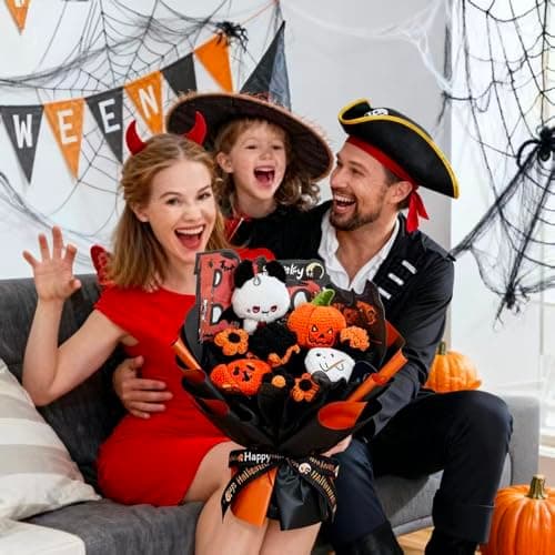 FLOLVISOU Halloween Crochet Bouquet Handmade Black and Orange Floral Arrangement with Plush Pumpkins and Ghosts Home Table Decor Unique Gift for Women and Kids - Thumbnail 6