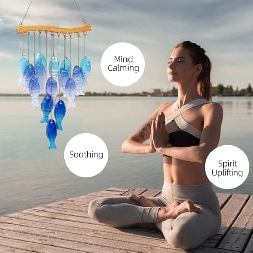 Wind Chimes Blue Glass Sea, Garden Wind Chime for Home, Beach Party, Festival Decor, Glass Garden Patio Yard Porch Decoration Indoor/Outside, Lifelike Fish Style - Thumbnail 2