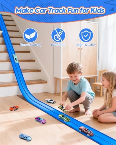 15 Ft Flexible Car Tracks for Kids Age 3 Up, Race Track with 6 Toy Cars, Flex Track Compatible Diecast 1/64 Cars with Suction Cups, Birthday for Boys (Blue) - Thumbnail 3