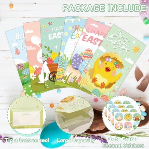 ZQDQIUQIU Easter Treat Bags,24 PCS Small Easter Gift Bags with 24 PCS Easter Stickers,Easter Goodie Bags Candy Wrapping Bag for Classroom Holiday Party Favors Supplies - Thumbnail 3