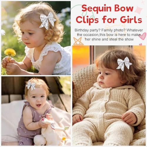 Silver Glitter Fable Hair Bows Alligator Hair Clips Hair Accessories for Baby Girls Toddlers Kids (3.5 inches in Pair） - Thumbnail 2