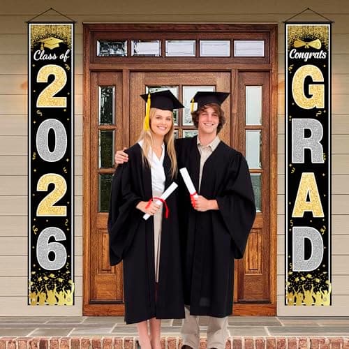 OHOME Graduation Decorations 2026 - Black Gold Congrats Grad Porch Banner for Graduation Party Decorations - Class of 2026 - Party Favors Supplies Backdrop Yard Signs Decor (Black) - Thumbnail 2