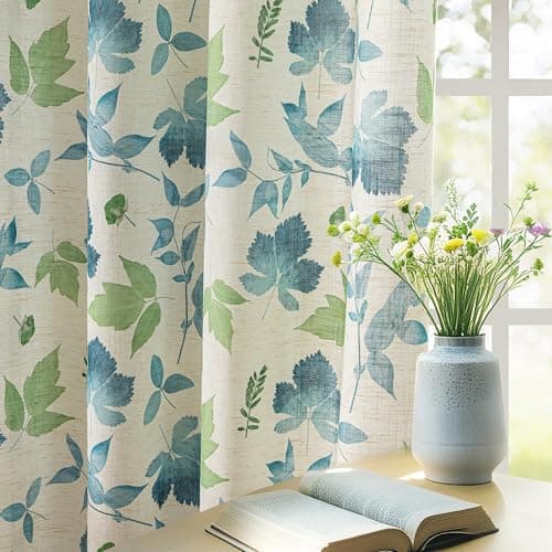 84 Inch French Country Curtains Blue Floral Leaf Print 2 Panels Set- Botanical Plant Leaves Patterned Light Filtering Semi Sheer Linen Blend Farmhouse Curtains with Grommets for Living Room & Bedroom - Image 1