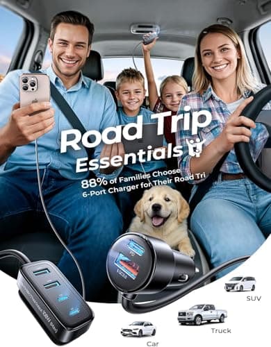 AINOPE 108W Multiple Ports Car Charger, Road Trip Essentials for Kids, Travel Essentials for Long Trips, 6-Port USB C Cigarette Lighter Adapter Fast Charging for iPhone 17 16 15 for iPad [+5FT Cable] - Thumbnail 2