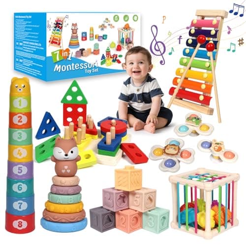 LearnToy Baby Toys 18-36 Months, Montessori 7-in-1 Activity Set - Stacking Blocks, Infant Teething Toy & Sensory Bin, Baby Boys & Girls Gifts