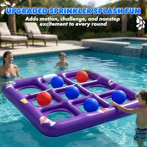 EPN Pool Games for Kids and Adults, 56” x 54” Inflatable Floating Tic Tac Toe Toss Game with 10 Balls, 2-in-1 Pool & Lawn Water Sprinkler Toy, Summer Pool Party Accessories for Backyard Fun, Purple - Thumbnail 4