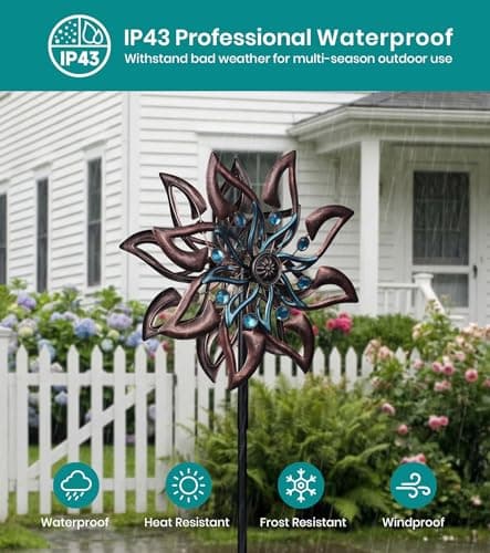 VUFOZ 360° Garden Wind Spinner for Outdoor Yard Art – W13xH64 Kinetic Windmill for Garden, Lawn, and Patio – Dahlia-Inspired Copper and Teal Wind Spinners Outdoor Decorative Yard Art - Thumbnail 4