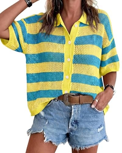 Cicy Bell Womens Summer Striped Crochet Cardigan Sweater Half Sleeve Button up Tops Loose Fit Cover Up Blue-Yellow - Image 1