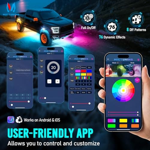 MICTUNING Q1+ MAX 12 Pods Ultra-Bright RGB+IC Rock Lights, Multi-Color Chasing Underglow Lighting, Extensible to 24 Pods, APP Music Sync & DIY Effects, IP68 Waterproof - Thumbnail 3