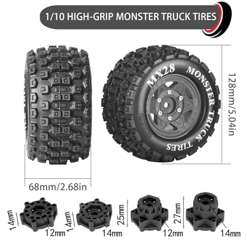 MX28 2.8" Tire and Wheels Pre-Glued All-Terrain MT Tires with 12mm/14mm Hexes - 1/10 Scale RC Truck Tires for ARRMA Big Rock, Granite, Senton, Vorteks, Traxxas Slash, Stampede Rustler, Hoss - Thumbnail 2
