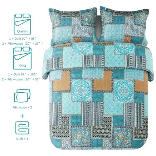 BEDISELY Cotton Bedspread King Quilt Set Boho Patchwork Bedding Set Farmhouse King Quilt 3-Piece Lightweight Reversible Bed Coverlet with 2 Floral Pillowcases for All Seasons (98”x106”) - Thumbnail 5