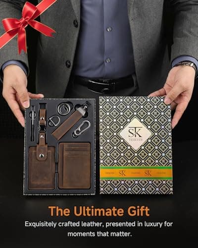 Teskyer Leather Gifts for Men, Premium Leather Gift Set with Slim Wallet, Travel Luggage Tag & Car Keychain, Elegant Gift Box for Father's Day, Birthday, Anniversary, Retirement & Graduation - Coffee - Thumbnail 4