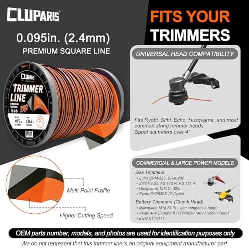 Cluparis .095-Inch Heavy Duty Trimmer Line, 5lb 1365ft Professional Square Weed Eater String, 3-Component Tri-Extrusion for Extra Durability, Fits Echo Husqvarna Ryobi, with Super Line Cutter - Thumbnail 5