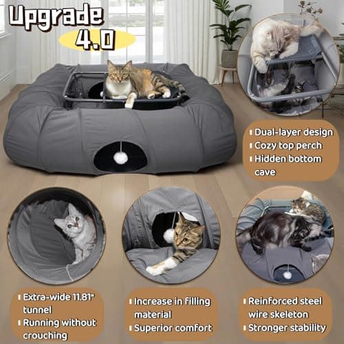 XxingSheep 2-Tier Cat Tunnel & Hammock Bed XXL, 4 Cave Shuttle with Elevated for Multiple Cats Toy Dark Grey - Thumbnail 3