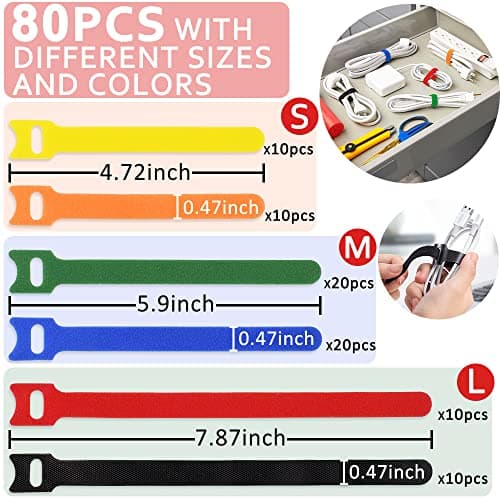 80pcs Cable Ties Reusable Multicolor Wire Ties Cable Management Cord Ties Reusable for Electronics Hook and Loop Cable Ties for Computer 4 6 8 Inch with 6 Colors - Thumbnail 4