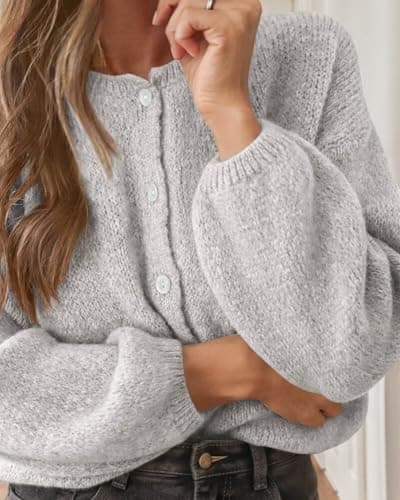 KIRUNDO Women’s Cardigans Casual Loose Button Up Long Sleeve Crewneck Knit Cardigan Sweaters Open Front Outerwear Coats(Grey, Medium) - Thumbnail 3