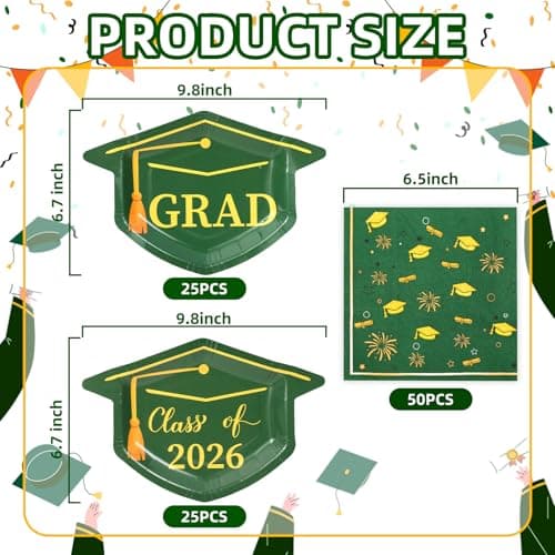 Cheery Land Green Graduation Plates and Napkins 2026, 50 9.3" Mortarboard Shaped Class of 2026 Plates & 50 Grad Napkins - Green and Gold Graduation Decorations 2026 - Thumbnail 3