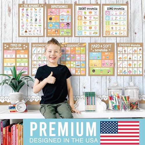 Hadley Designs Phonics Posters for Classroom Decor - 9 Sound Wall Classroom Phonics for Kindergarten & Elementary, Syllable, Long and Short Vowel Sounds, Digraphs & Blends, Pastel Bulletin Board Set - Thumbnail 2