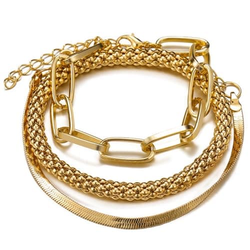 Alegend 14K Gold-Plated 3-Layered Bracelet Set - Chunky & Snake Chain Stackable Bracelets for Daily Wear - Image 1