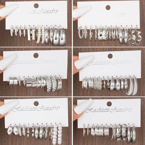 36 Pairs Gold Hoop Earrings Set for Women, Fashion Chunky Gold Hoop Earrings Multipack, Hypoallergenic Pearl Chain Twisted Statement Earring Pack for Birthday Party Jewelry - Thumbnail 5