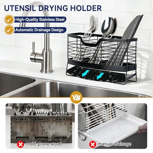 Basysnck Utensil Holder, Stainless Steel Utensil Drying Holder for Kitchen Counter, Self-Draining Utensil Drying Rack with 3 Compartments Cutlery Flatware Silverware Organizer - Thumbnail 3