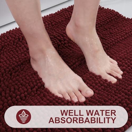 Grandaily Chenille Striped Bathroom Rugs 47x20, Extra Thick and Absorbent Bath Mats, Non-Slip Soft Plush Shaggy Shower Carpet, Machine Wash Dry, Bath Rug for Bathroom, Burgundy - Thumbnail 5