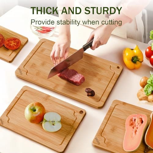 Bamboo Cutting Boards for Kitchen, 4-Piece Wood Cutting Board Set with Juice Grooves & Built-in Handles, Easy Storage & Clean Chopping Board for Meat, Vegetables, Fruit - Thumbnail 2