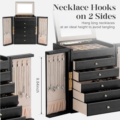Dajasan Large Jewelry Organizer Box, 6-Tier Jewelry Storage Case with 5 Drawers, Jewelry Boxes for Women Girls with Mirror, Double Door, Textured PU Leather, Gift Idea, Stylish (Black + Gold) - Thumbnail 2