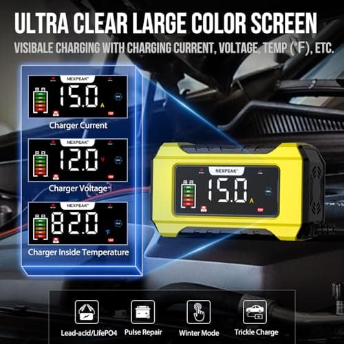 NEXPEAK NC215 15-Amp Battery Charger, Trickle Charger Car Battery Charger 12V 24V LiFePO4 Lead Acid Portable 9-Stage Smart Battery Maintainer w/Temp Compensation for Car Truck Lawn Mower Boat Marine - Thumbnail 4