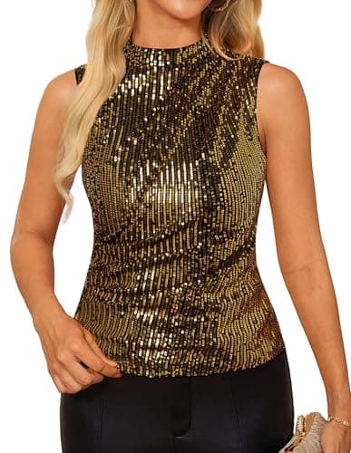 Sequin Tank Tops Crop Vest for Women Sparkly Glitter Sleeveless Cami Shimmer Club Party Top Shirts Black Gold Small - Image 1