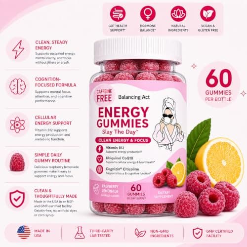Balancing Act – Slay The Day Energy Gummies – Caffeine Free Focus & Clean Energy Support – with Vitamin B12, CoQ10 & Cognizin® Citicoline – Raspberry Lemonade – 60 Count (30 Day Supply) - Thumbnail 2