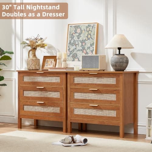LEYAOYAO 31.5" Wide Rattan Nightstand, Large Boho 3 Drawer Night Stand, Tea Brown Bedside Table with Storage, Tall Bed Side End Tables, Chest of Drawers Dressers for Bedroom, Living Room, Hallway - Thumbnail 3