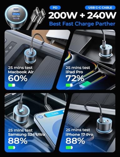 LISEN 200W Car Charger USB C Fast Charge [Gan] PD 140W Fast Car Charger USB C, 3 Port Type C Fast Charging for Multi Device, for iPhone 17 16 15 14 13 12, MacBook Neo, Laptop, iPad, Samsung S26 S25 - Thumbnail 2