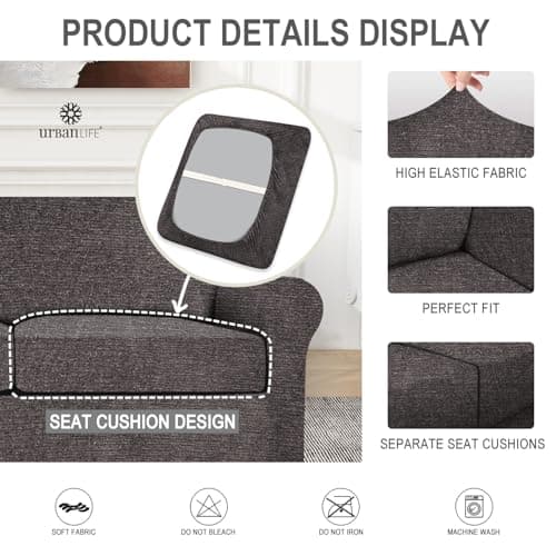 URBANLIFE 4-Piece Stretch Sofa Slipcovers for 3 Cushion Couch, Super Stretch Spandex Non-Slip Sofa Cover with Elastic Bottom, Machine Washable Furniture Protector for Kids & Pets, Charcoal Gray - Thumbnail 6