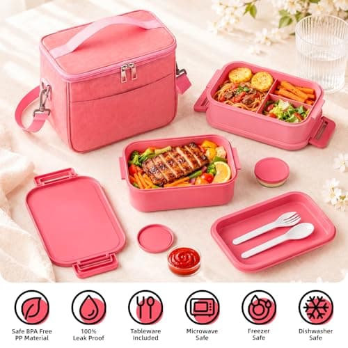 Bento Box Adult Lunch Box - 2130ml Lunch Box for Women with Insulated Lunch Bag, Utensils & Sauce Container, Leak Proof Bento Box for Girls, Reusable Plastic Lunch Container for Work, Meal Prep, Pink - Thumbnail 2